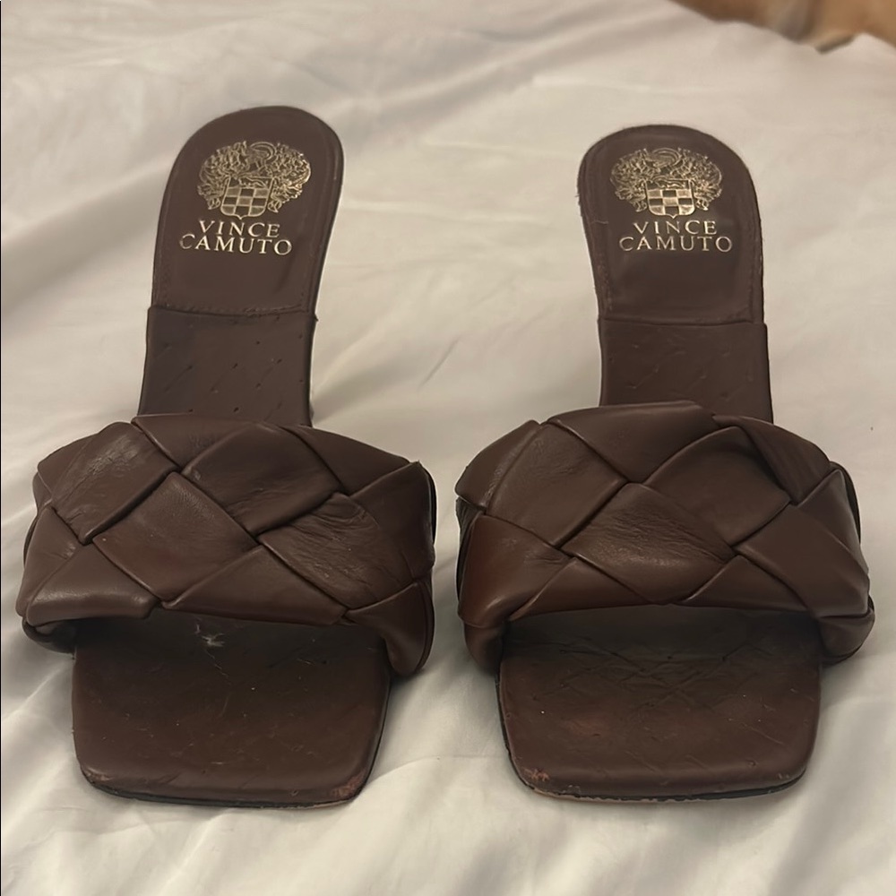 Vince Camuto Brown Leather Mules with Woven Design